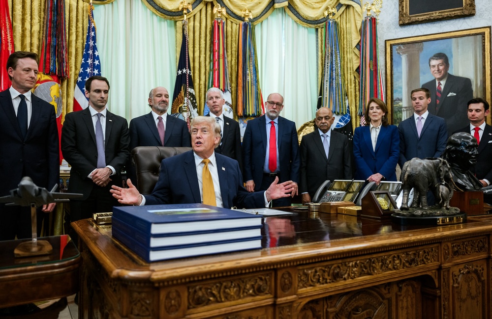 President Donald J. Trump, joined by Secretary of War Pete Hegseth, Physicist John M. Martinis, Science and Technology Policy Director Michael Kratsios, Secretary of Commerce Howard Lutnick, Secretary of Energy Chris Wright, OMB Director Russ Vought, and others, delivers remarks after signing an Executive Order on quantum computing in the Oval Office, Monday, June 22, 2026