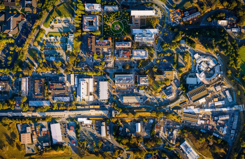SLAC main campus from above at sunrise (Olivier Bonin / SLAC National Accelerator Laboratory).