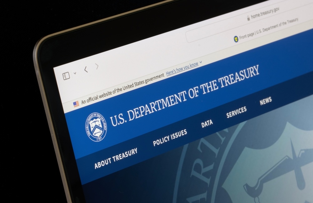 The Department of Treasury website home page on a computer screen.